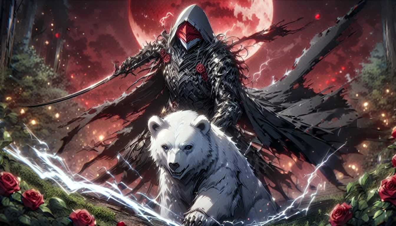 One man with a white hood with bear ears and a katana sits next to a polar bear in a forest while the blood moon shines, many Roses cover the ground and lightning falls from the sky. The man wears a red blindfold.