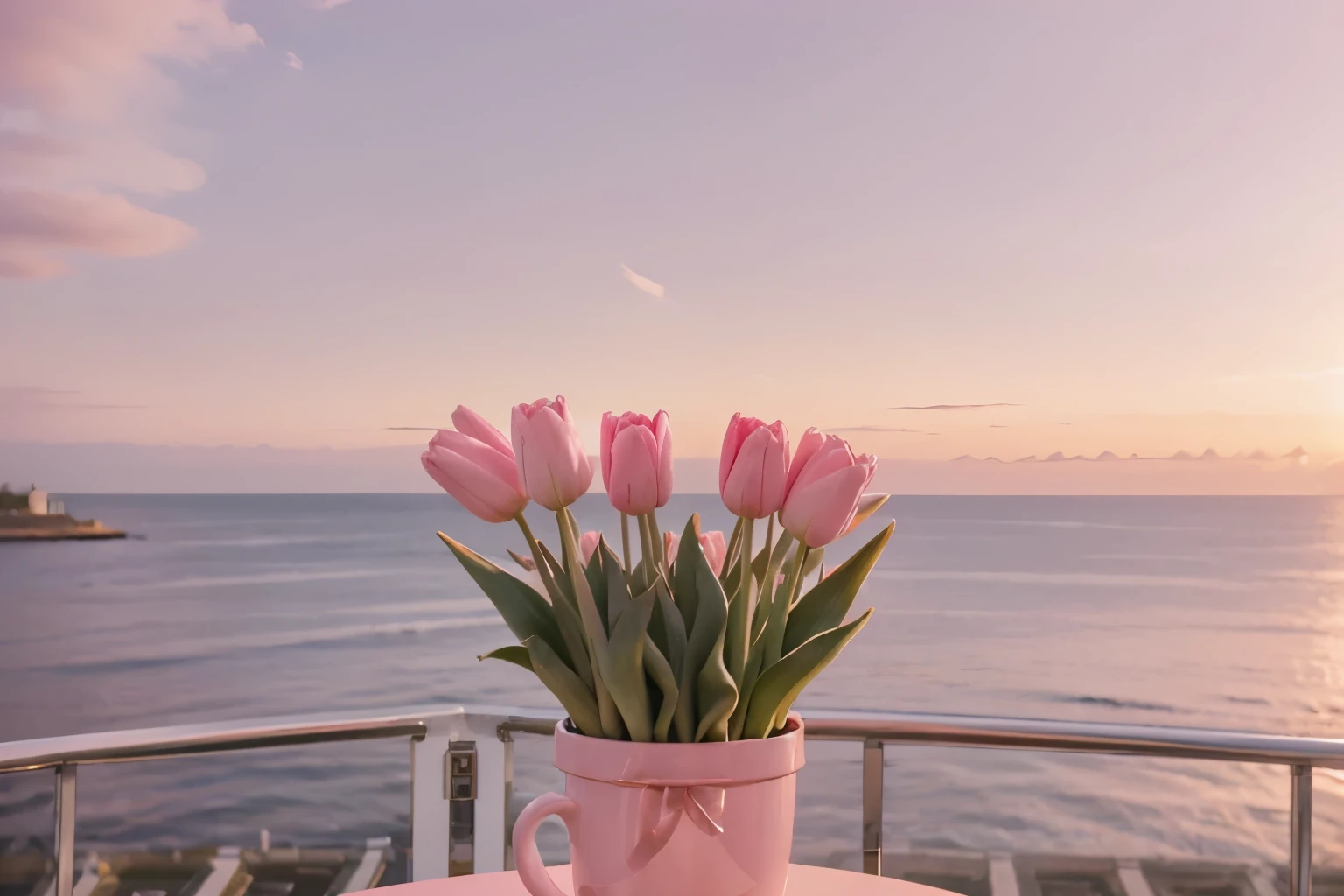 create a good quality image with pastel pink backgrounds, warm lights and the sea, must contain tulips in pink tones