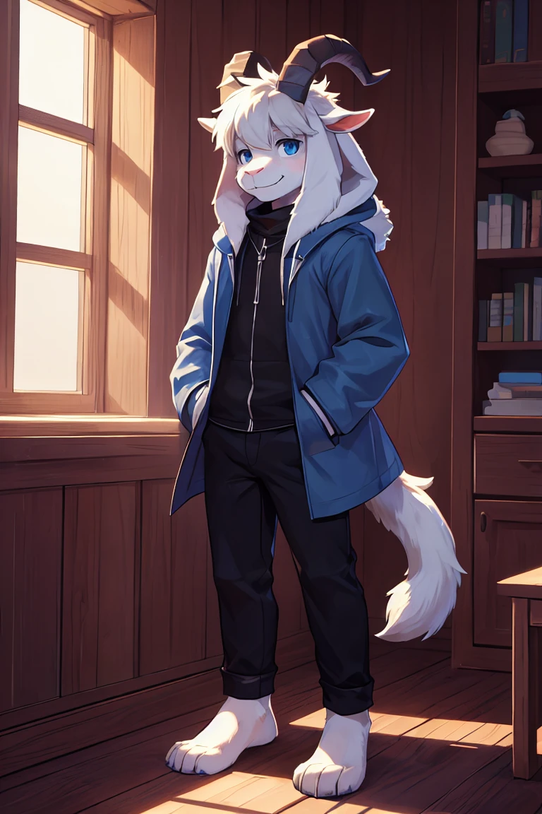 a boy, teenager, alone Asriel, Undertale (Asriel Dreemurr), smile, eskimo coat (blue coat), tall, hairy, anthropomorphic, blue eyes (black blouse, black pants), goat's foot, paw with metacarpus (short tail, anthropomorphic tail, short tail, bushy tail, anthro goat tail, hairy), hair (bangs on the right side), barefoot, short horns. ((Detailed, detail on tail, short tail, details on face, better quality))