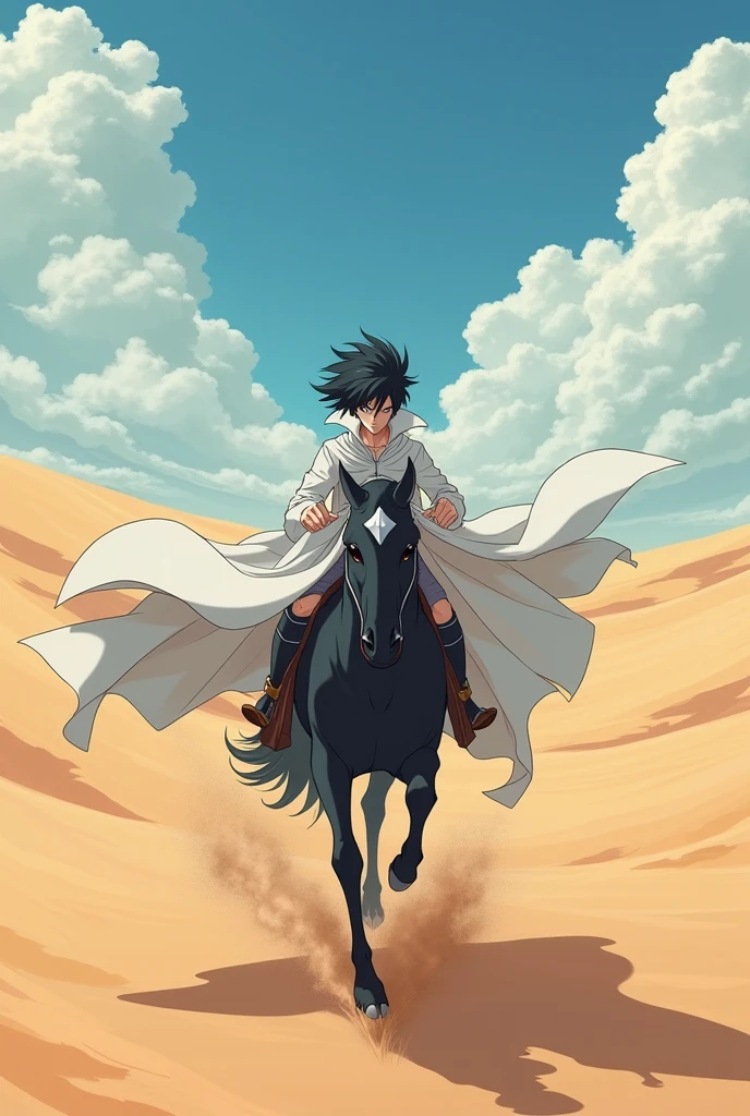 anime styling, camera from behind, black haired white man resembling the character Metal Bat from One Punch Man riding a hair in the middle of the desert, he wears a white cloak
