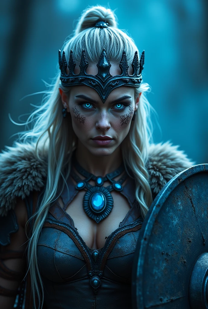 Close up face beautiful viking woman, axe and shield in hand , strong blue light in the eyes, war crown , tribal design on the eyes, Angry, beautiful stone neck necklace, battle armor, with hate, shouting out loud
