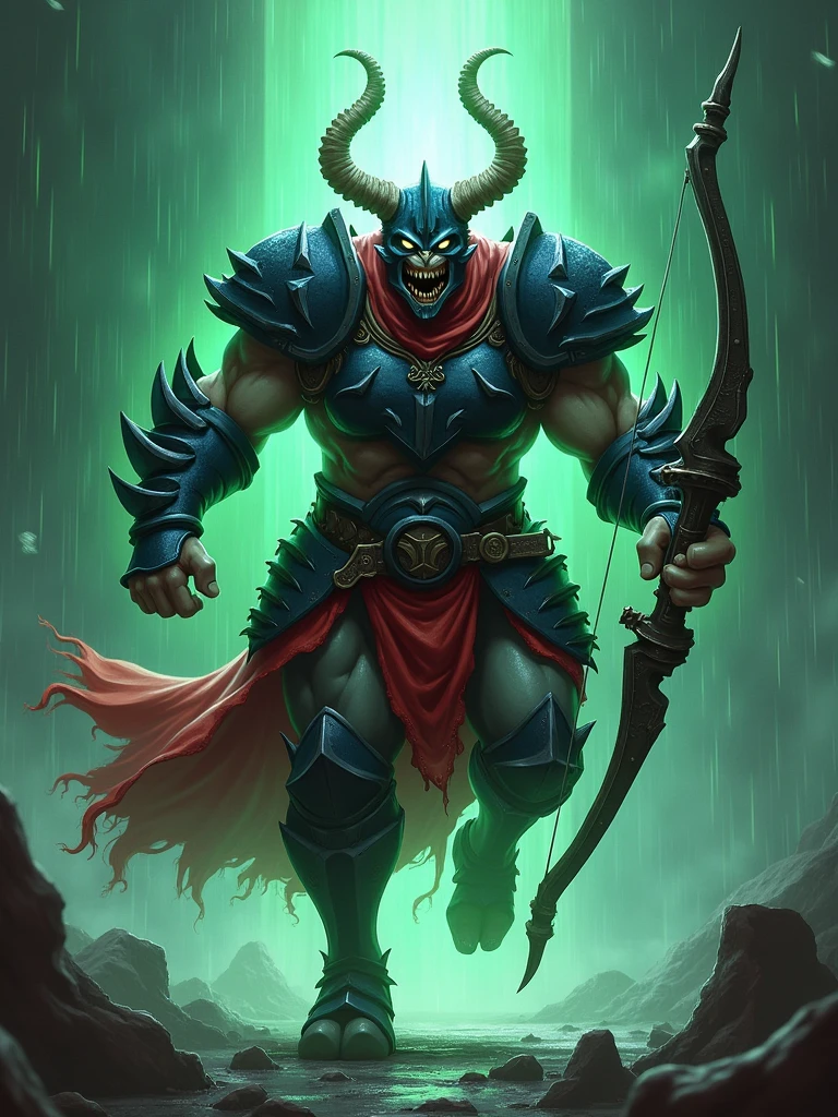 Photo. full body. big commander of the shadow army. devil ballion. wearing a blue helmet with three horns. stocky and muscular. with black armor clothes white flared joints. white flared eyes. dynamic moving pose, jumping in the air. carrying a large long bow. sharp hooves and fangs. wearing a red robe. scary expression, scary. white aura neon effect. killing lust. black background and green text falling effect like rainwater.