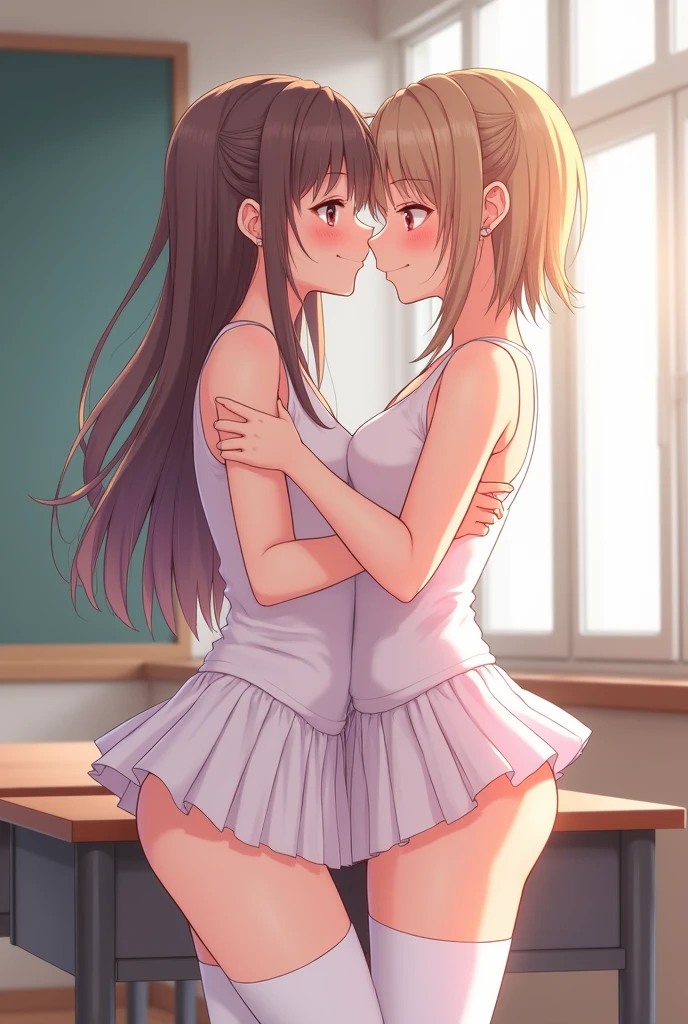 Two cute anime femboys kissing and touching in the classroom full body white high thighs