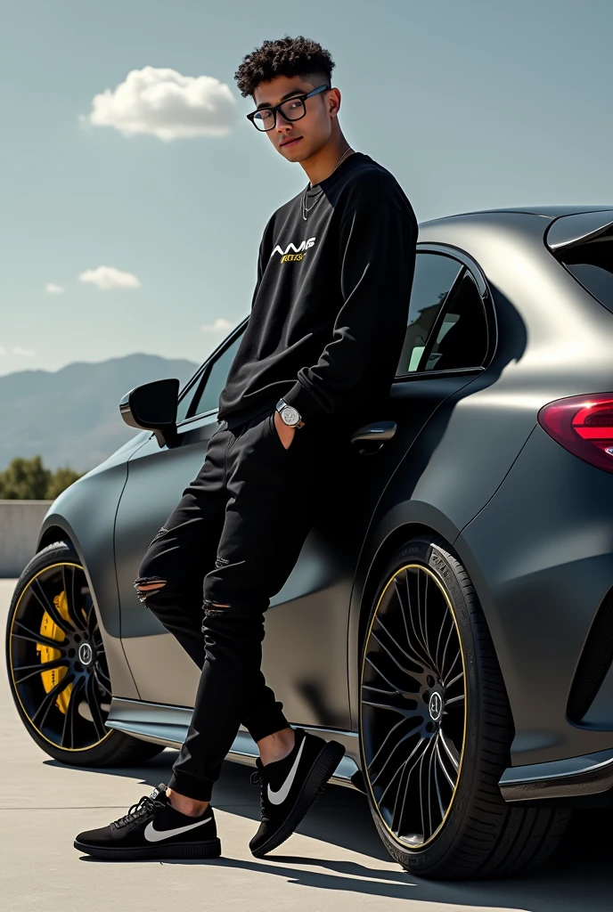 Realistic HD photo from different angles of a black AMG A45 S with yellow calipers and a spoiler, Sporty diffuser and side skirts in carbon fiber, and leaning on him a young man with square glasses and short curly hair with a taper fade cut and a black Nike sweatshirt, ripped black pants and nike, and that the amg comes out completely