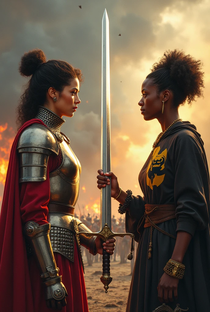 An image of Joan of Arc and Angela Davis facing a war, one with a sword and one with words