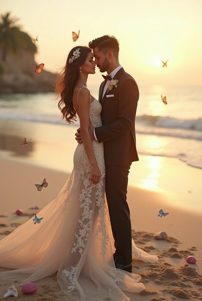 a captivating and enchanting, photorealistic, hyper ultra-realistic, mesmerizing wedding scene on a beach with a strikingly beautiful couple expressing deep love, the groom in an elegant suit, the bride in an intricate lace dress, their hair flowing in the wind, in 8K resolution with sunkissed lighting, soft focus, delicate iridescent butterflies, seashells, and starfish scattered on the sand