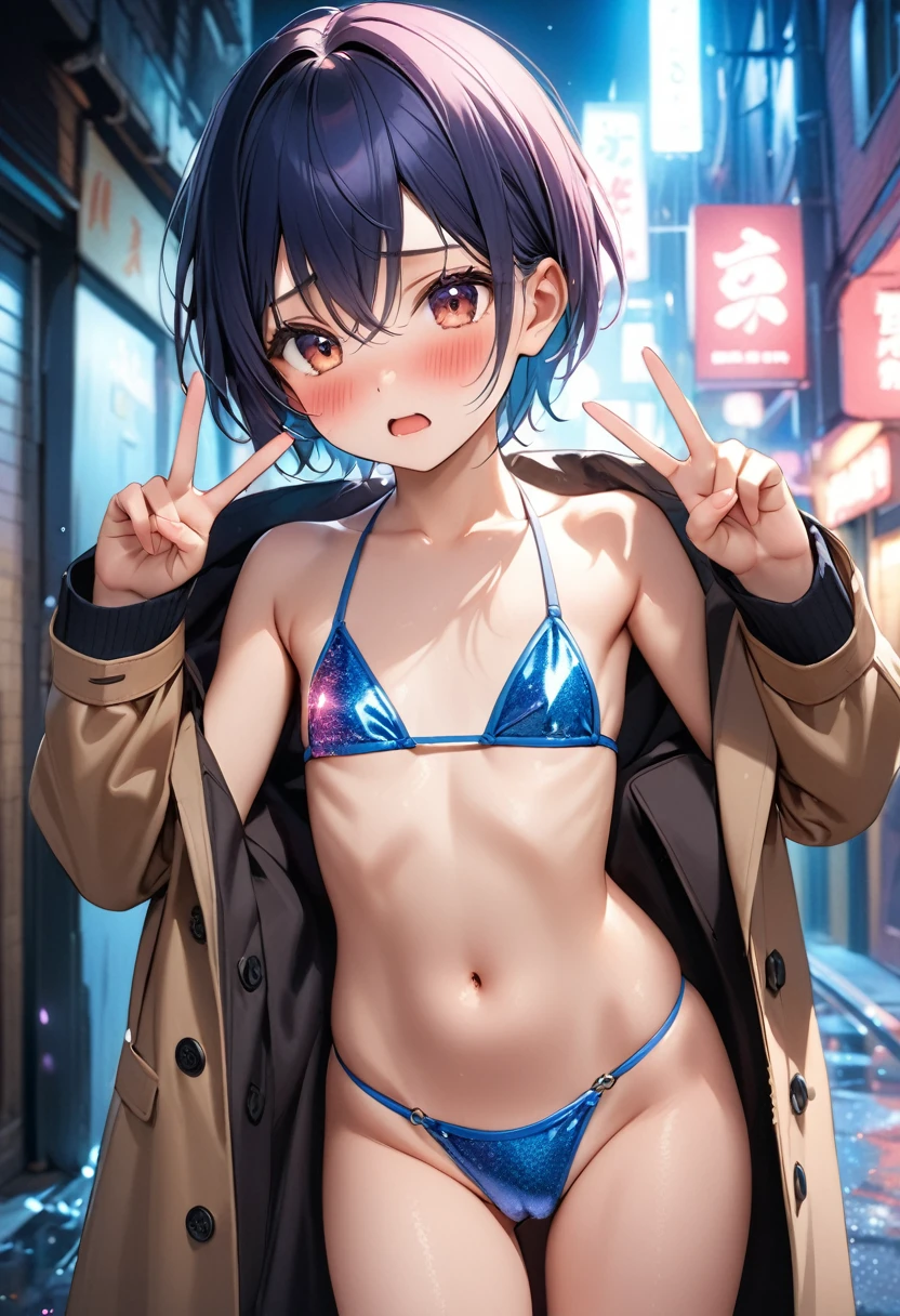 (8k, RAW Photos, Highest quality, masterpiece: 1.2), masterpiece, Super Detail,Best lighting, (Realistic and photorealistic photography: 1.4), High-resolution RAW color photos, Background Blur, blush, Depth of written boundary,ung cute boy, Hair between the eyes,short hair,Black blue Hair,Highly detailed mouth,short,young,flat chest,(Oily skin:1.1,Glowing Skin),glitter skin,whole body, (standing),Shame,(afraid,red blushing:1.4),in the midnight City alley,outside,short,young,face to viewer,shame,embarrassed:1.5,(bulge pastel color glitter thong bikini,penis slide:1.3),opened long brown Burberry coat,Looking down,sad:1.3,double Peace sign