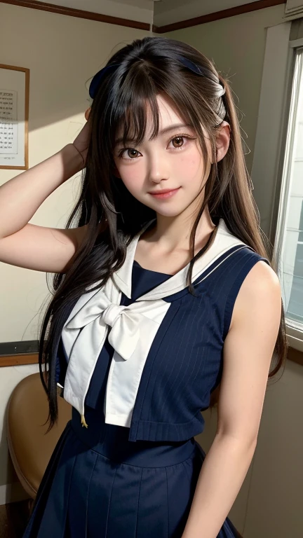 (Highest quality,masterpiece:1.3,Ultra-high resolution),(Very detailed、Caustics) (Realistic:1.4, RAW shooting、)Ultra-Realistic Capture、Very detailed、Natural skin texture、masterpiece、(junior high school sailor suit:1.3)、Short-sleeved sailor uniform、1 Japanese girl、Adorable expression、Expressions of happiness、、Young Face、Amazingly cute、Twin tails、Curly Hair、Black Hair、Scrunchie、light makeup、Breasts so big that they almost burst、Bare arms、This photo was taken in a middle school classroom...、Shining thighs、Shooting from the side、smile、An inviting gaze、The exact number of fingers on each hand、Cowboy Shot、