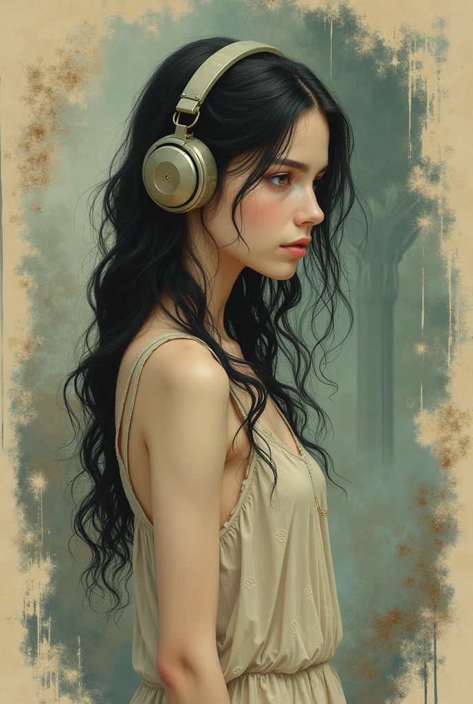 Create for me a drawing of a skinny girl with long curly hair listening to music, a mysterious scene, small brown eyes, good vibes, a sign