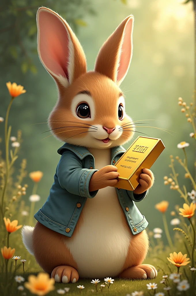 Peter rabbit holding a gold bar
