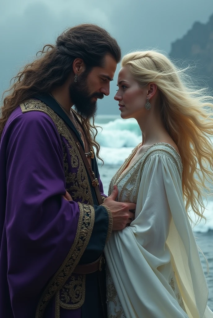 Long-haired bearded pirate, with clothes in purple tones and a witch in white clothes and blonde beauty