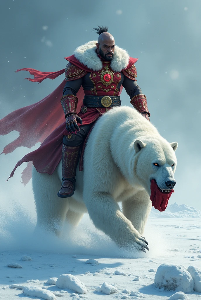 Ozai lord of fire, with deadpool's head in one hand riding a polar bear in sub-zero temperatures