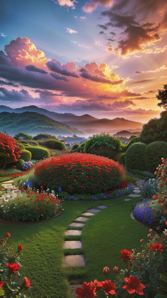 a beautiful lush garden, red flowers in bloom, serene and peaceful landscape, dynamic lighting, dramatic sky with clouds, (best quality,4k,8k,highres,masterpiece:1.2),ultra-detailed,(realistic,photorealistic,photo-realistic:1.37),vibrant colors,warm color tones,natural lighting,stunning scenery,breathtaking vista,cinematic composition,environmental portrait