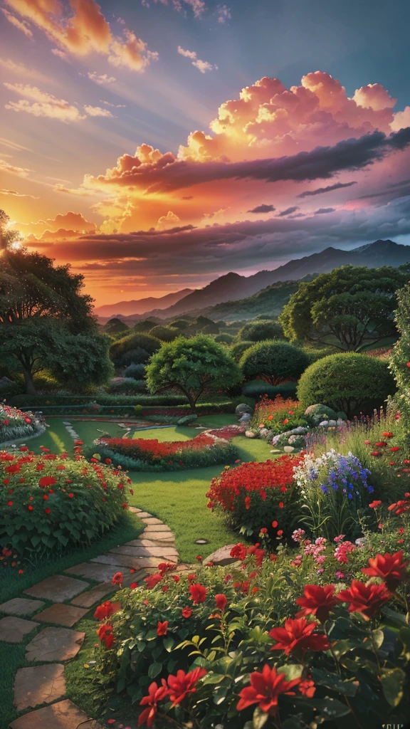 a beautiful lush garden, red flowers in bloom, serene and peaceful landscape, dynamic lighting, dramatic sky with clouds, (best quality,4k,8k,highres,masterpiece:1.2),ultra-detailed,(realistic,photorealistic,photo-realistic:1.37),vibrant colors,warm color tones,natural lighting,stunning scenery,breathtaking vista,cinematic composition,environmental portrait