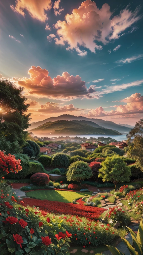 a beautiful lush garden, red flowers in bloom, serene and peaceful landscape, dynamic lighting, dramatic sky with clouds, (best quality,4k,8k,highres,masterpiece:1.2),ultra-detailed,(realistic,photorealistic,photo-realistic:1.37),vibrant colors,warm color tones,natural lighting,stunning scenery,breathtaking vista,cinematic composition,environmental portrait