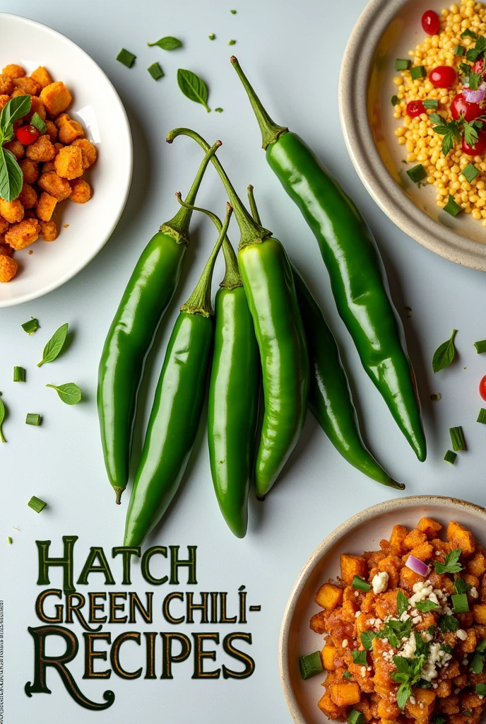 Create an appealing Pinterest image showcasing a variety of Hatch Green Chili recipes. The image should feature vibrant, fresh Hatch Green Chilis and a selection of delicious dishes made with them. Add a stylish text overlay that reads 'Hatch Green Chili Recipes' prominently on the image. Include a subtle watermark in the corner that says 'Delicious Menu'. The overall look should be eye-catching, inviting, and suitable for Pinterest.