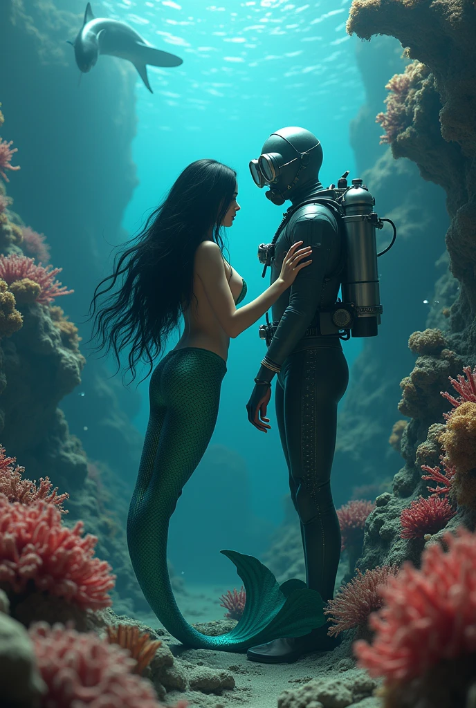 black-haired mermaid with a greenish fish tail touching a diving suit, octopus and shark, corals in the background, ocean, haze, dramatic lighting , cinematic lighting, best qualityer, hyper realist, highy detailed