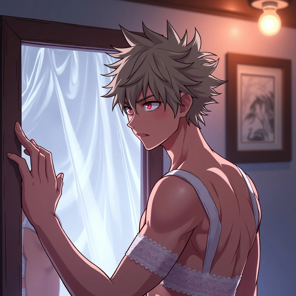 You can indirectly create a detailed image with a BNHA style of the character Bakugo Katsuki, These are the following ideas:
Katsuki Bakugo in the mirror seeing his figure through his reflection in the mirror, with a white lingerie outfit. His eyes remain fixed on the mirror, His fingers gently run over the lace that covers her body, feeling the contrast between the contact of the lace and the warmth of her own skin.