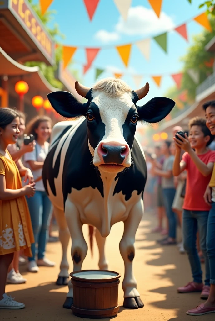  A central image of a cow, eye-catching black and white, with a bucket underneath ready to be milked. 
 there are smiling people taking pictures and participating in the activity. In the background, you can see a lively fairground with cheese stands, flags and festive green 
elements.