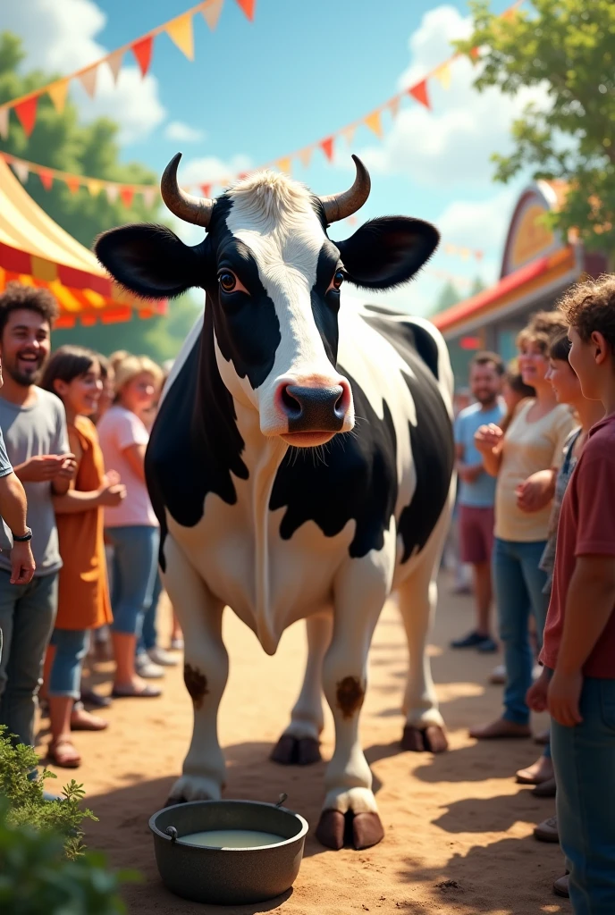 A central image of a cow, eye-catching black and white, with a bucket underneath ready to be milked.
there are smiling people taking pictures and participating in the activity. In the background, you can see a lively fairground with cheese stands, flags and festive green
elements.