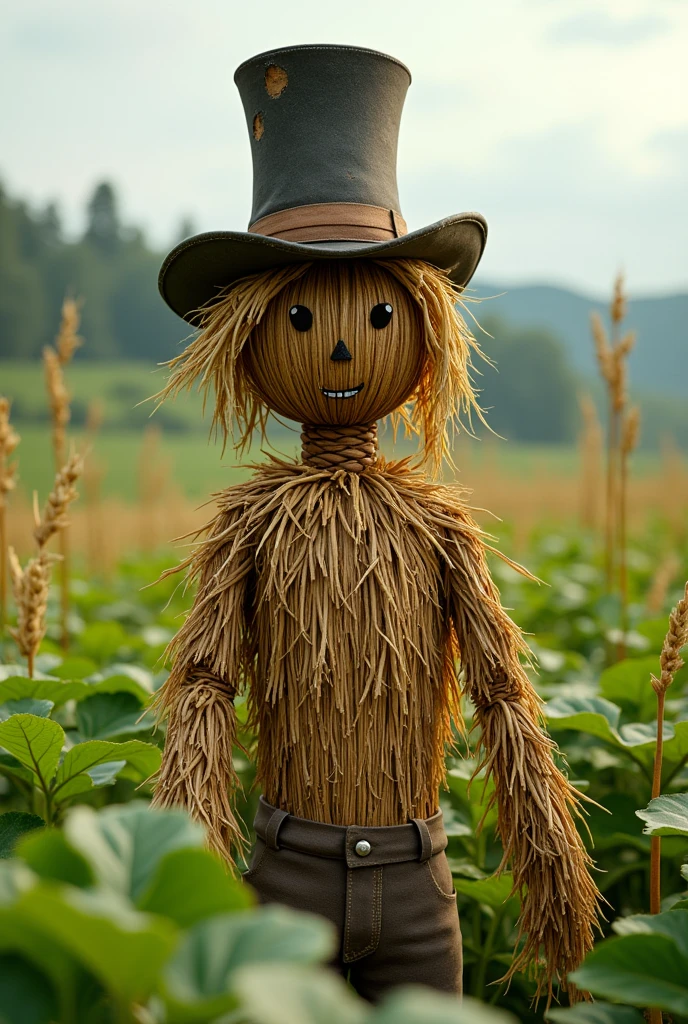 Scarecrow, made of straw, wearing an old top hat, in crop field