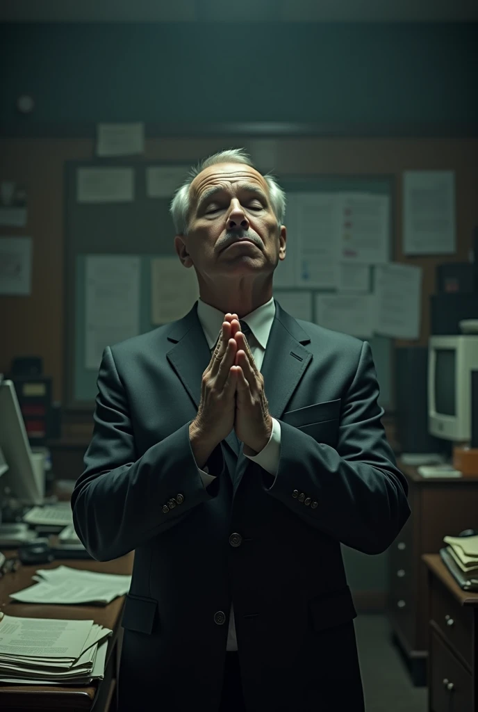 Please create a very realistic image that will be used as the basis for a YouTube video of a popular worker looking for a job praying in the media.