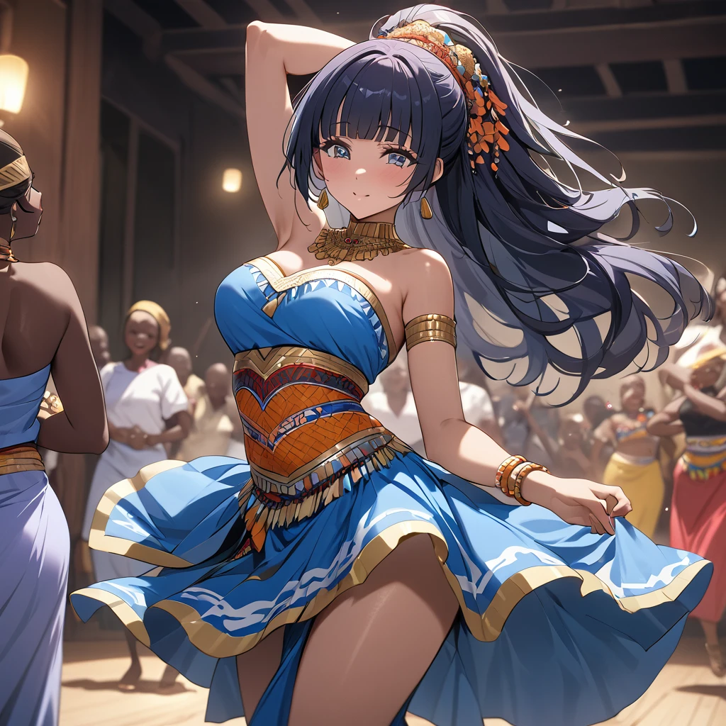 ((Highest quality)), ((masterpiece)), (detailed), (Perfect Face)、The woman is Reika Aoki with semi-long hair、The woman is wearing a Congolese costume and dancing the Congolese dance.