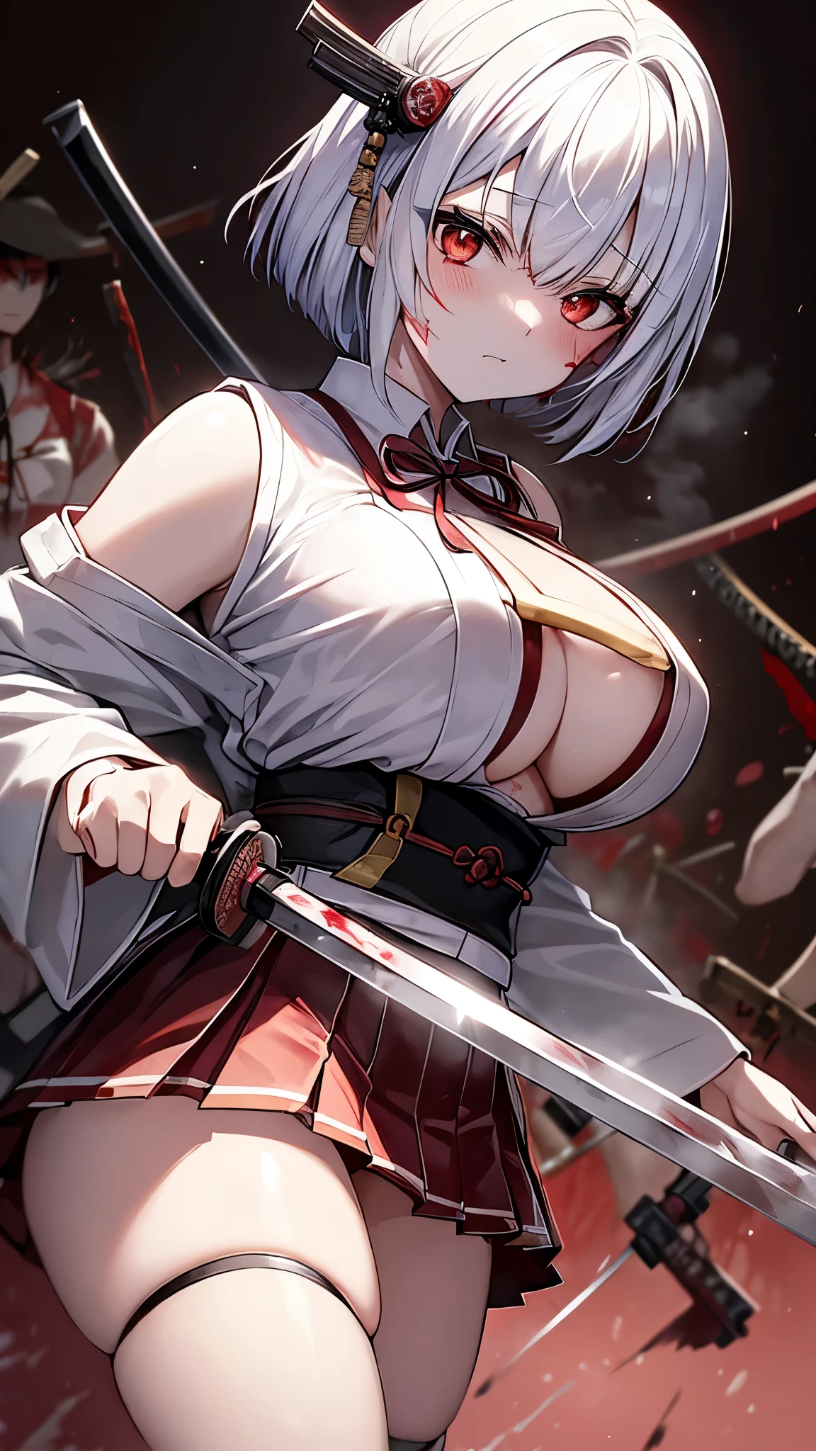 Two-Way、Japanese sword dripping with blood、Heavy bleeding、a large amount of fresh blood、Blood-stained uniform、Blood-stained schoolgirl、Black short bob、White sash and big breasts、machine gun、暴発したmachine gun