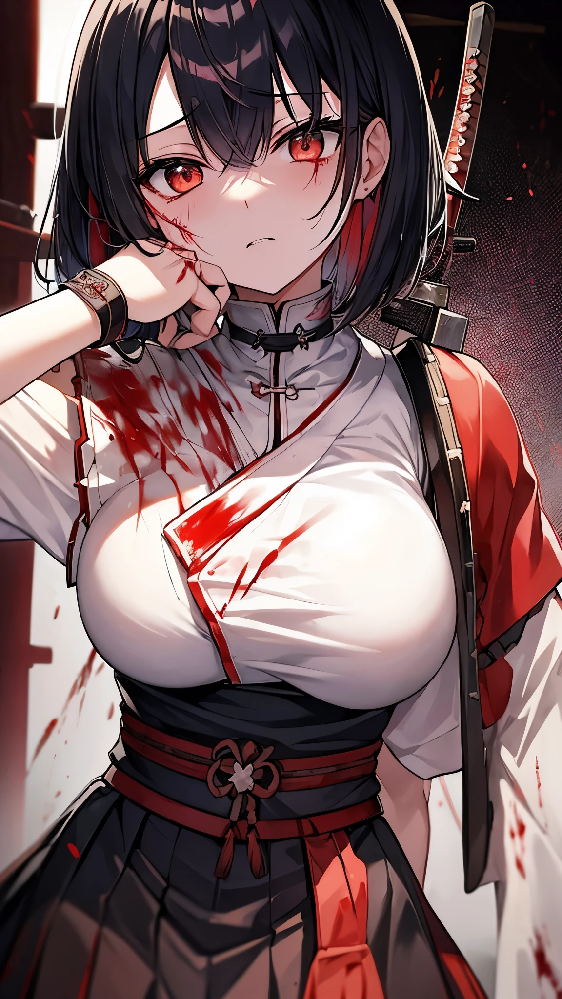  simple background, monochrome, horror (theme) there is a broken picture, black paint splatted, red blood splatted, smoked, red blood  (((anime girl character))), big boobies, wearing a mask, (((she is holding a bloody samurai sword)))