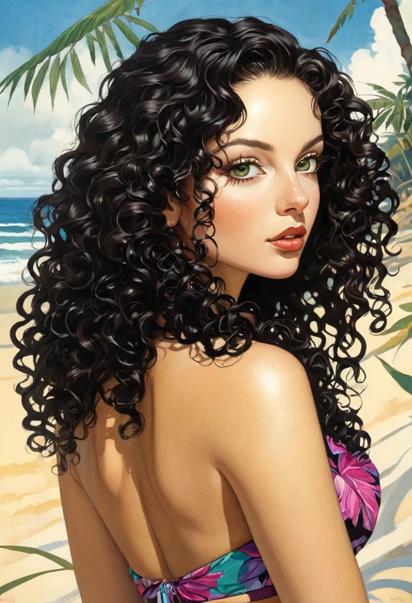 (photorealistic:1.9), (realistic photographic style:1.9), (hyperrealistic), (complexity). Amazing photorealistic portrait of beautiful woman, long black hair, curly hair, olive eyes, bored, spectacular tropical beach in background, dynamic pose, sexy, perfect ass, bikini outfit (masterpiece:1.3), (best quality:1.3), (very aesthetic :1.3), (absurdities:1.3), (detailed background),newest,AI generated, (realistic:1.9), [[(ultra high detail:1.1), (sharp focus:1.1), (refined edges:1.1 ), (high definition clarity: 1.1), (precise details: 1.2), (rich texture): 0.3], (sharp details), (plus micro details, plus small details: 1.3)] , ((high definition eyes: 1.2), (realistic eyelashes: 1.2), (soft eye shading), (precisely defined iris: 1.1), precise details, precise micro detailed eyes), (follow LoRas: 1.3 ), (follow the instructions: 1.2), realistic, absurd, Woman, black hair, curly hair, long hair, olive eyes, thin waist, light skin, style of Kaffe Fassett, style of Stephen Mackey, art inspired by Bill Sienkiewicz and Dave McKean
