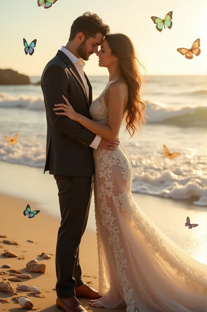 a captivating and enchanting, photorealistic, hyper ultra-realistic, mesmerizing wedding scene on a beach with a strikingly beautiful couple expressing deep love, the groom in an elegant suit, the bride in an intricate lace dress, their hair flowing in the wind, in 8K resolution with sunkissed lighting, soft focus, delicate iridescent butterflies, seashells, and starfish scattered on the sand
