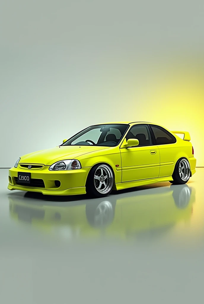 Um Civic G6 2000 LX, in neon yellow color, with silver Volcano Advance model wheels.