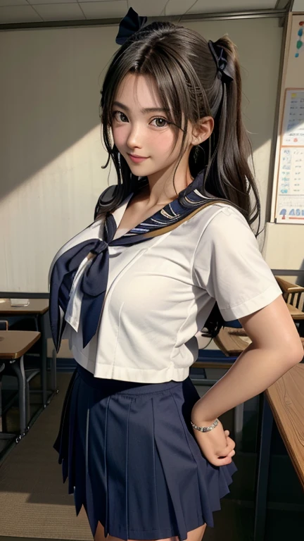 (Highest quality,masterpiece:1.3,Ultra-high resolution),(Very detailed、Caustics) (Realistic:1.4, RAW shooting、)Ultra-Realistic Capture、Very detailed、Natural skin texture、masterpiece、(junior high school sailor suit:1.3)、Short-sleeved sailor uniform、1 Japanese girl、Adorable expression、Expressions of happiness、、Young Face、Amazingly cute、Twin tails、Curly Hair、Black Hair、Scrunchie、light makeup、Breasts so big that they almost burst、Bare arms、This photo was taken in a middle school classroom...、Shining thighs、Shooting from the side、smile、An inviting gaze、The exact number of fingers on each hand、Cowboy Shot、