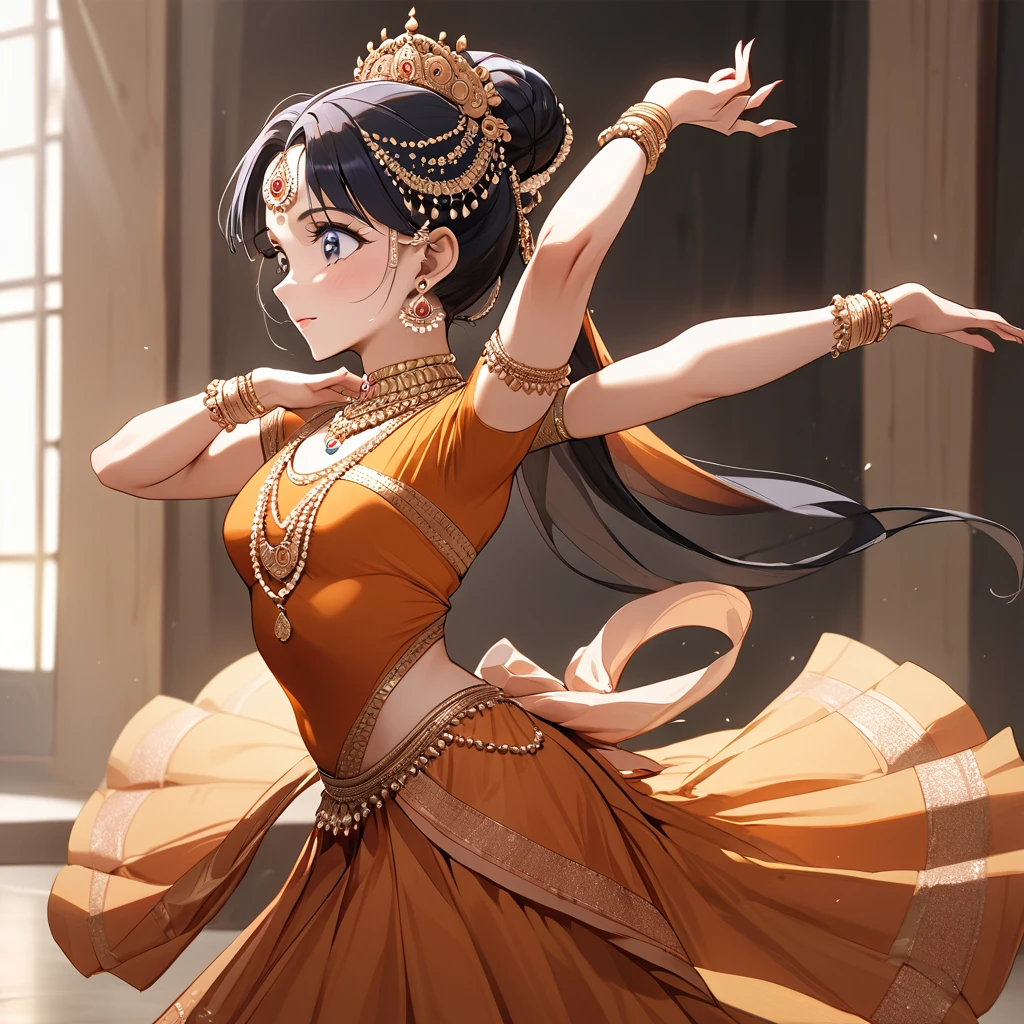 ((Highest quality)), ((masterpiece)), (detailed), （Perfect Face）、The woman is Reika Aoki with semi-long hair、A woman is dancing Bharatanatyam in Bharatanatyam costume in India