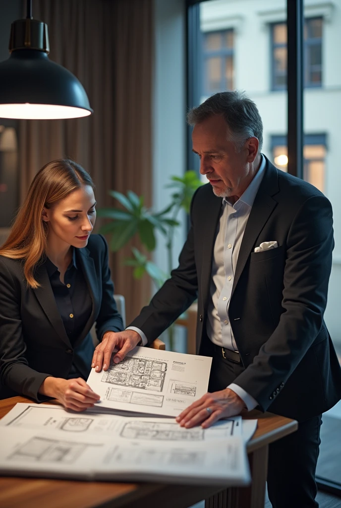 "Generate an image of an investor in the process of purchasing a productive property, such as a commercial space with a AAA brand or a well-known franchise. The scene should depict the investor in a modern, professional office, reviewing documents and plans of the property with a real estate agent or advisor. The commercial space should be shown as a well-designed area with a facade featuring the logo of a high-end brand or a famous franchise. The background of the image should suggest a high-quality and sophisticated environment, reflecting success and professionalism in the field of real estate investments."