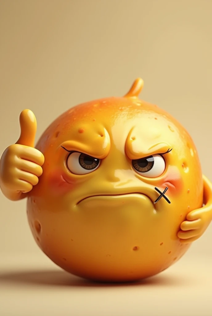 Create an image of a round cheese bread like a ball with a face that is not happy, giving a thumbs up with the hand, it needs to have a piercing under the mouth, it cannot be very happy, it needs to be giving a thumbs up with the hand and it needs to be round and smooth.