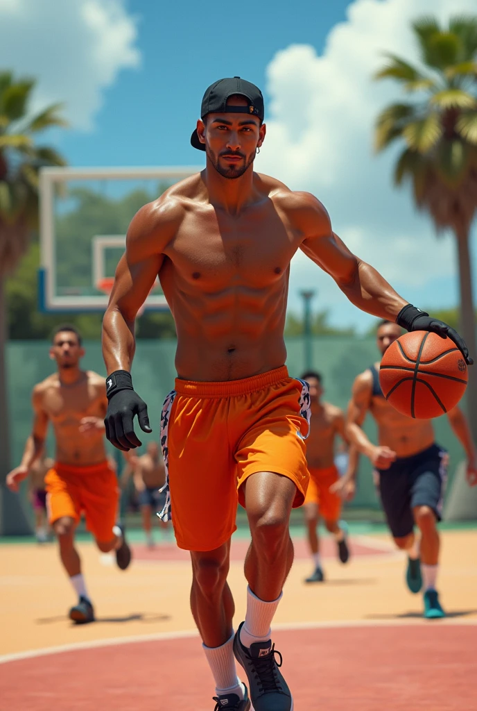 Imagine mexican shirtless 1 basketball player wearing black cap and orange basketball shorts and knee high soccer socks and gloves playing basketball with friends