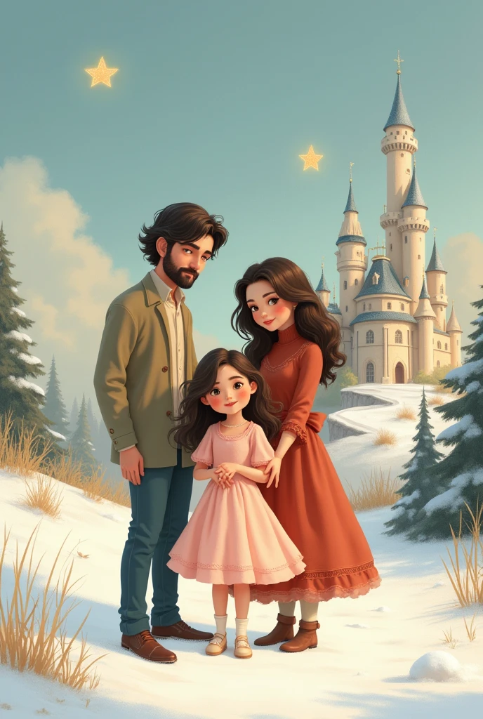 Make a drawing where there is an eleven-year-old girl in a pink dress and her parents are a man with long hair and a black woman with curly hair..There are two stars in the sky, a castle and snow 