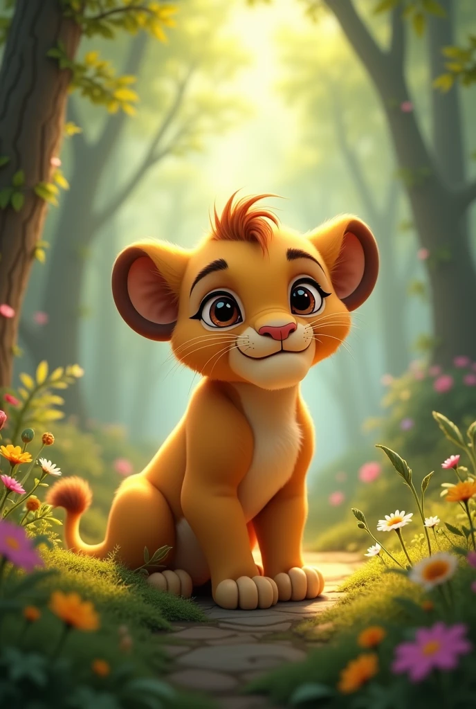 CREATE A CUTE PIXAR STYLE KIDS LION, 4K, ULTRA DETAILED, ENCHANTED FOREST BACKGROUND