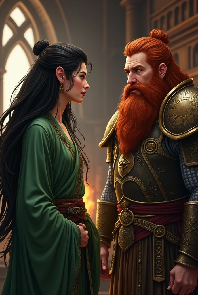 The Hair Elf: Long and black, falling in waves to the shores. The hair is straight and well-groomed, with a subtle glow that reflects the soft light of the tavern.
muka: The elf&#39;s skin is fair and smooth, with fine and elegant strokes. His eyes are a deep, expressive green., accentuating its mystical and calm appearance.
badass clothing: He wears a green monk&#39;s robe, made of light, fluid fabric, with oriental details. The tunic is adorned with gold embroidery along the edges and on the sleeves., forming intricate patterns that evoke symbols of wisdom and balance. The waistband is made of a thicker, more resistant fabric., with a darker green hue that contrasts with the tunic. He also wears simple sandals that leave his feet exposed..
Accessories: The elf doesn&#39;t carry many accessories, besides a simple silver ring on one finger and a discreet necklace with a small amulet hanging from it.
The Dwarf Hair and Beard: The dwarf has a thick, red beard that is well-groomed and reaches down to his chest.. The strands are thick and have a healthy shine.. The dwarf&#39;s hair, which is a little shorter than the beard, It is also a vibrant red hue, tied in a small braid in some parts.
muka: His face is broad and robust, with an upturned nose and high cheekbones. The skin is of a tan tone, marked by wrinkles that show your age and life experiences. Your eyes are small, but bright, of a dark brown tone.
badass clothing e Armadura: He wears heavy, ornate armor., made of dark steel with bronze details. The armor is sturdy and has several emblems of a guild or clan. The armor plates have an intricate design, with runes and symbols carved in relief. He wears a tunic under his armor that is dark in color and quite resistant..
Accessories: The dwarf holds a large mug of beer in one hand and, Occasionally, holds a huge battle axe that is leaning against the chair next to him. He also has a tool belt