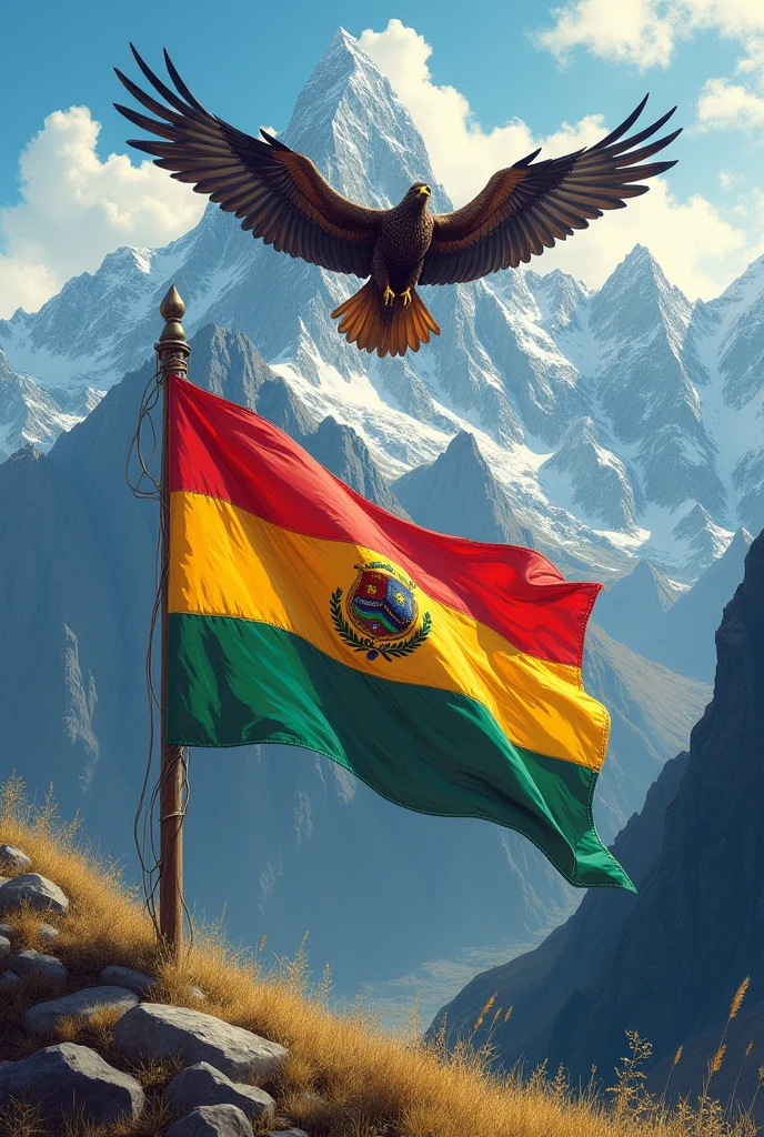 An artistic drawing of a red, yellow and green flag with a background of mountains and a condor