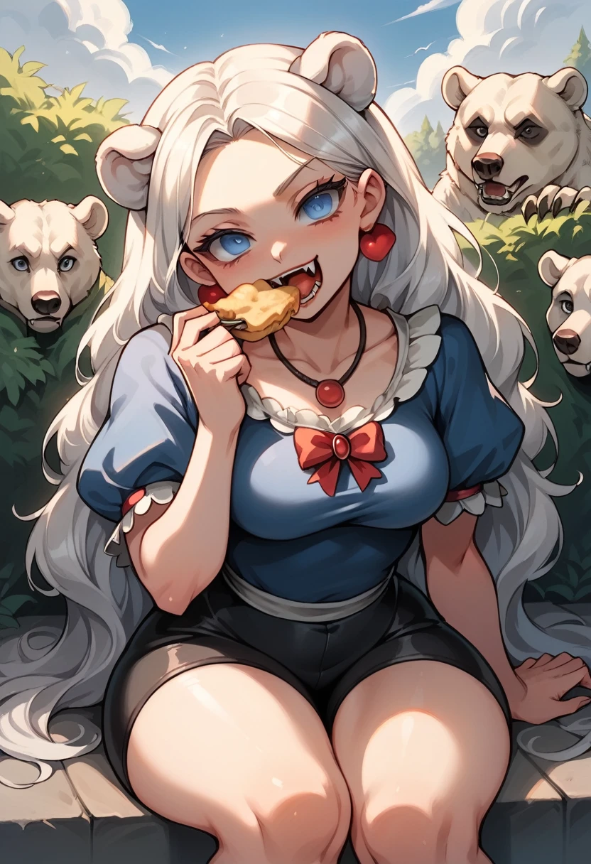 (masterpiece), expressive eyes, perfect face, (1girl), solo focused, dark background, human face, determined look, :3 at a garden, leather top, spandex shorts, getting married,eating food, in kitchen, medieval setting, stuffing mouth, hungry, head tilt, fangs, large white bear ears, polar bear, bear girl snow white long hair, white eye lashes, colored eye lashes, white colored eye lashes, sea blue eyes, thick thighs, perky breasts, happy expression, fangs, mouth half open, necklace, fluffy ears, ear ring, pale skin, sitting, eating, dining