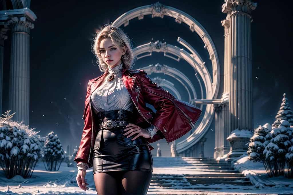 masterpiece,best quality, masterpiece, high detail,detailed face,detailed eyes,rendered eyes,perfect eyes,hip lines,crisp image,detailed,amazing,8k,8k wallpaper,8k background,high detailed skin,high res, (((cowboy shot))), solo, 1girl,looking at viewer,WillowSchnee, . Her attire consists of a white cravat secured by a silver brooch set with a red stone, as well as a light purple jacket with light sleeves, a wide belt around her waist, a matching pencil skirt with black tights and slippers. serious expression, outside stately mansion, snow, ice sculpture at center of hedge maze, standing with butler, holding wine glass, night, stars, servants and security detail standing by, (volumetric lighting), sharp focus, hyper detailed