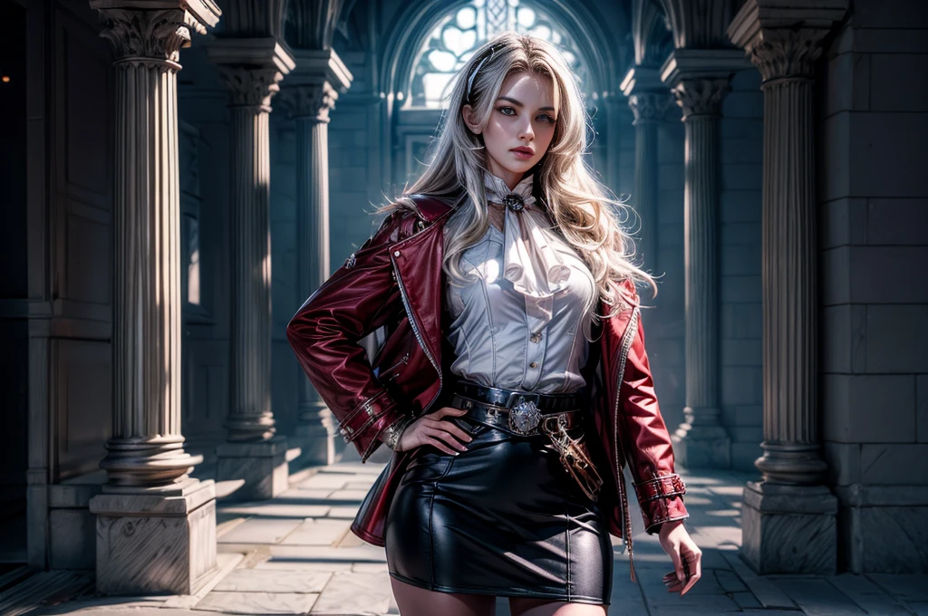 masterpiece,best quality, masterpiece, high detail,detailed face,detailed eyes,rendered eyes,perfect eyes,hip lines,crisp image,detailed,amazing,8k,8k wallpaper,8k background,high detailed skin,high res, (((cowboy shot))), solo, 1girl,looking at viewer,WillowSchnee, . Her attire consists of a white cravat secured by a silver brooch set with a red stone, as well as a light purple jacket with light sleeves, a wide belt around her waist, a matching pencil skirt with black tights and slippers. serious expression, outside stately mansion, snow, ice sculpture at center of hedge maze, standing with butler, holding wine glass, night, stars, servants and security detail standing by, (volumetric lighting), sharp focus, hyper detailed