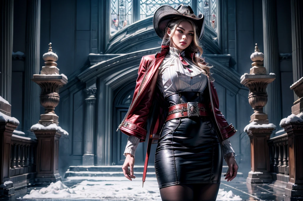 masterpiece,best quality, masterpiece, high detail,detailed face,detailed eyes,rendered eyes,perfect eyes,hip lines,crisp image,detailed,amazing,8k,8k wallpaper,8k background,high detailed skin,high res, (((cowboy shot))), solo, 1girl,looking at viewer,WillowSchnee, . Her attire consists of a white cravat secured by a silver brooch set with a red stone, as well as a light purple jacket with light sleeves, a wide belt around her waist, a matching pencil skirt with black tights and slippers. serious expression, outside stately mansion, snow, ice sculpture at center of hedge maze, standing with butler, holding wine glass, night, stars, servants and security detail standing by, (volumetric lighting), sharp focus, hyper detailed 