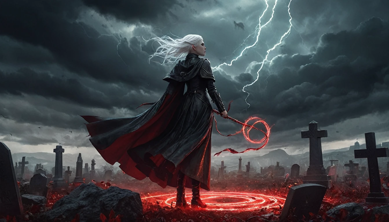 **Prompt em inglês:** *Frieren stands in the middle of an ancient cemetery under a glowing red pentagram circle etched into the ground. Red, pulsating energy flows intensely from the circle, emanating powerful mana that swirls around her. The energy invades two nearby graves, as tendrils of red light snake into the earth. Frieren’s pointed elven ears are visible as she focuses on the magic, her white hair and cloak fluttering in the growing storm. The sky above darkens, with heavy clouds swirling ominously, lightning striking in the distance. The entire scene is infused with red and dark tones, creating a dramatic and ominous atmosphere. Every detail is rendered in hyper-realistic quality, from the eerie red light enveloping the cemetery to the realistic skin textures, shadows, and dynamic storm clouds above.*
