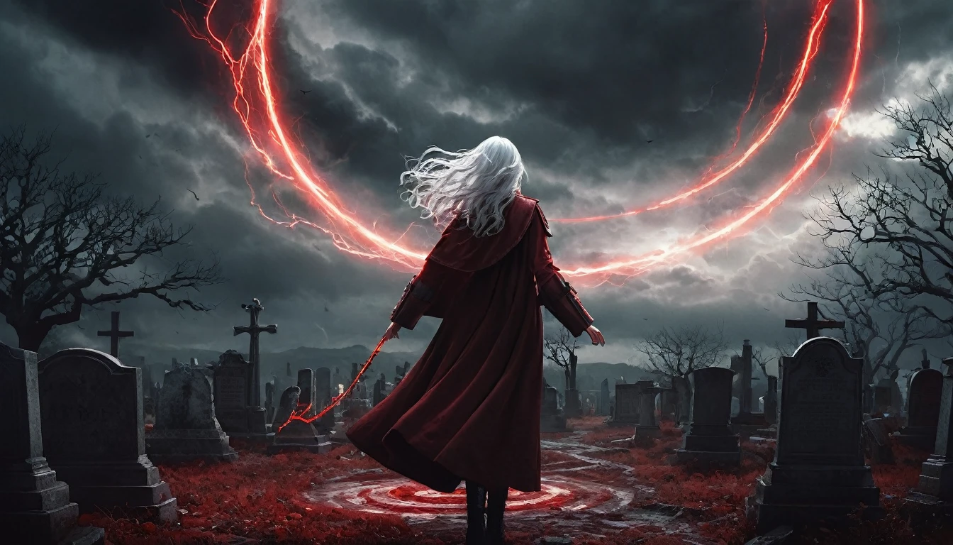 **Prompt em inglês:** *Frieren stands in the middle of an ancient cemetery under a glowing red pentagram circle etched into the ground. Red, pulsating energy flows intensely from the circle, emanating powerful mana that swirls around her. The energy invades two nearby graves, as tendrils of red light snake into the earth. Frieren’s pointed elven ears are visible as she focuses on the magic, her white hair and cloak fluttering in the growing storm. The sky above darkens, with heavy clouds swirling ominously, lightning striking in the distance. The entire scene is infused with red and dark tones, creating a dramatic and ominous atmosphere. Every detail is rendered in hyper-realistic quality, from the eerie red light enveloping the cemetery to the realistic skin textures, shadows, and dynamic storm clouds above.*
