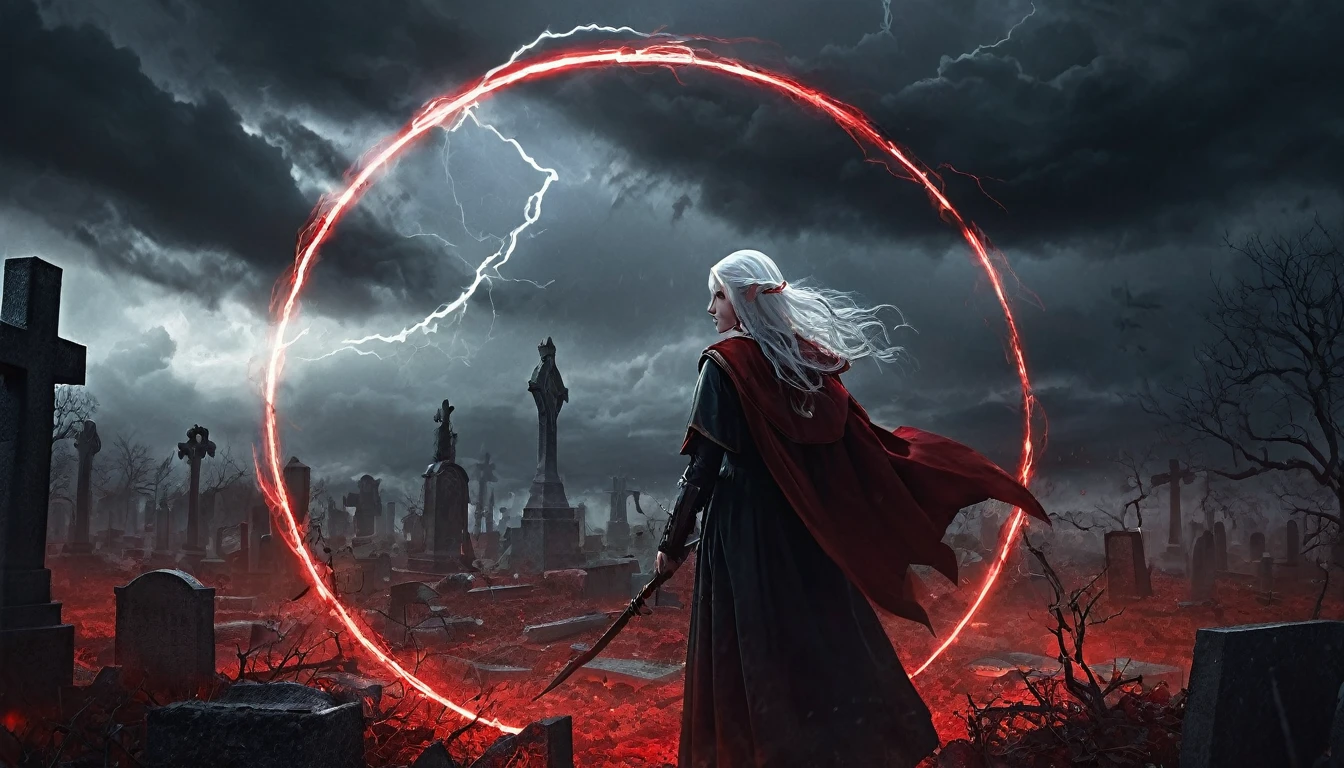 **Prompt em inglês:** *Frieren stands in the middle of an ancient cemetery under a glowing red pentagram circle etched into the ground. Red, pulsating energy flows intensely from the circle, emanating powerful mana that swirls around her. The energy invades two nearby graves, as tendrils of red light snake into the earth. Frieren’s pointed elven ears are visible as she focuses on the magic, her white hair and cloak fluttering in the growing storm. The sky above darkens, with heavy clouds swirling ominously, lightning striking in the distance. The entire scene is infused with red and dark tones, creating a dramatic and ominous atmosphere. Every detail is rendered in hyper-realistic quality, from the eerie red light enveloping the cemetery to the realistic skin textures, shadows, and dynamic storm clouds above.*
