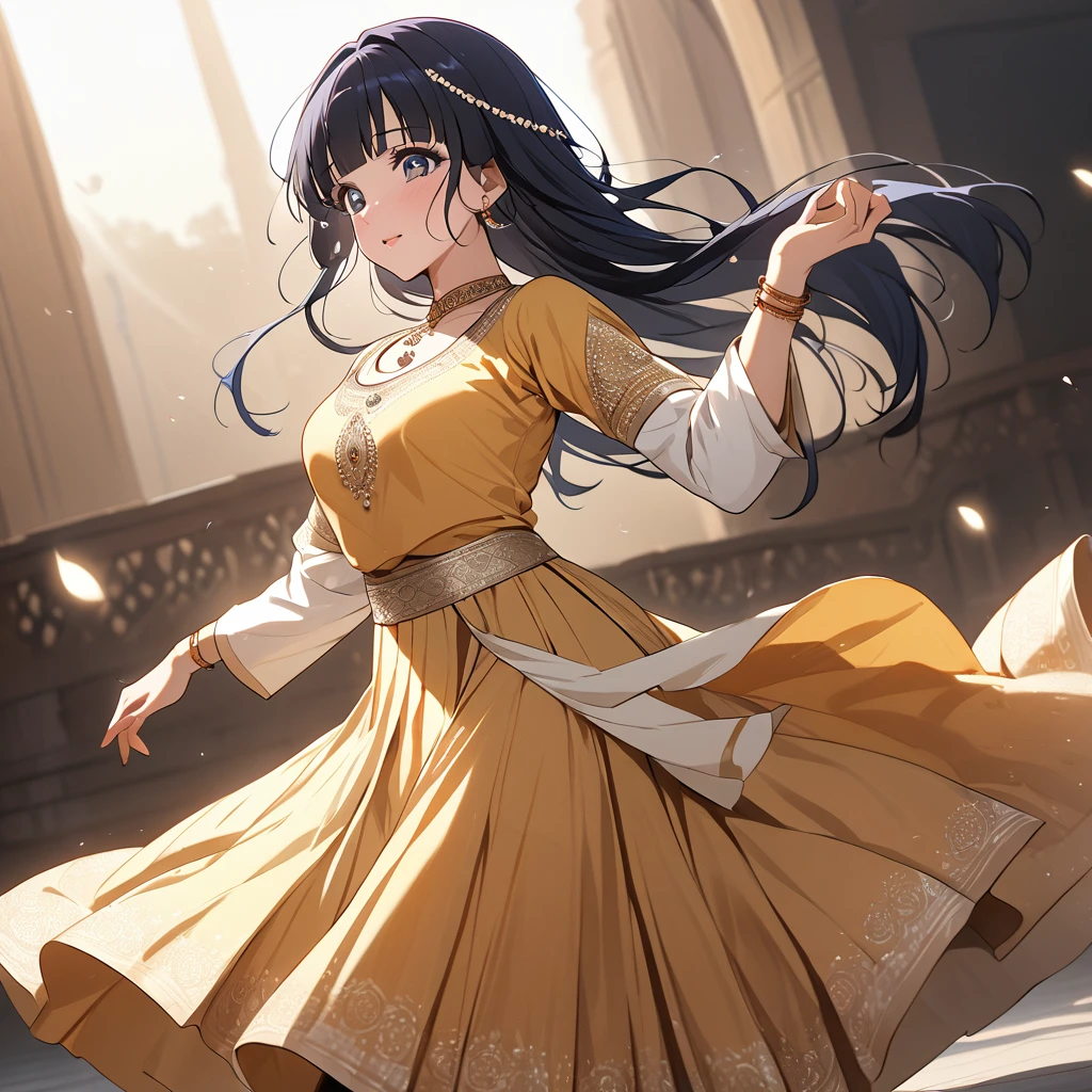 ((Highest quality)), ((masterpiece)), (detailed), (Perfect Face)、The woman is Reika Aoki with semi-long hair、A woman is dancing Kathak dance in a Kathak costume in India