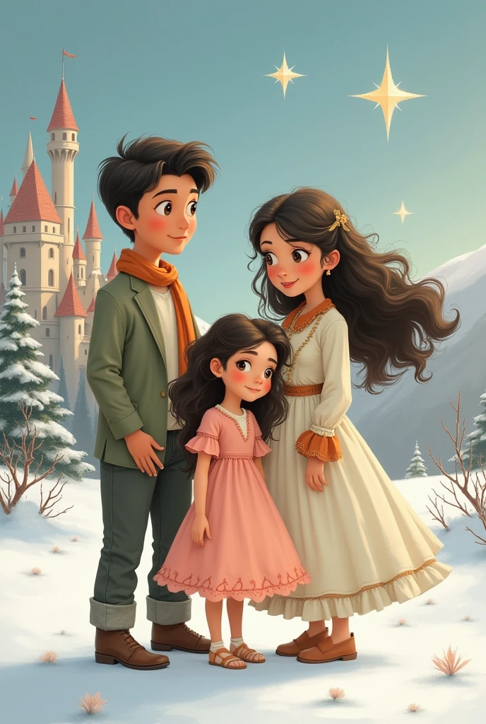 Make a drawing where there is an eleven-year-old girl in a pink dress and her parents are a man with long hair and a black woman with curly hair..There are two stars in the sky, a castle and snow 